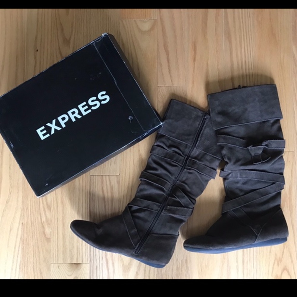 Express Brown Suede Boots w Strap Detail (Size 10)